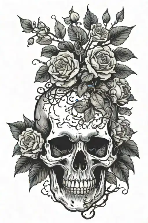 Decaying Skull With Flowers Growing Out The Top And Roots Out The Bottom