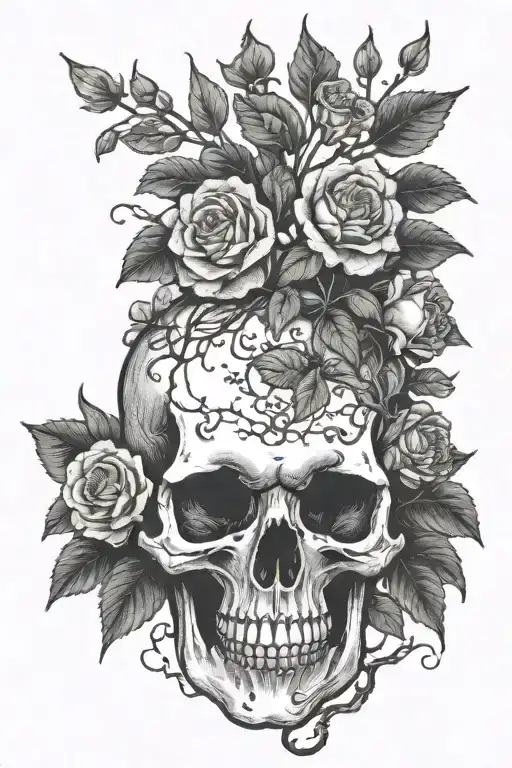 Decaying Skull With Flowers Growing Out The Top And Roots Out The Bottom