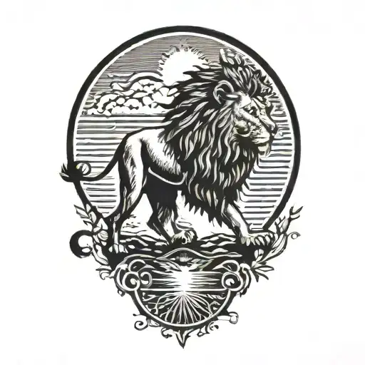 Lion Silhouette Walking Along Horizon In The Background With Sun In Sky