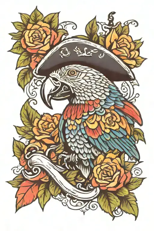 Parrot With Pirate Hat With An Anchor In The Background And Flowers Around