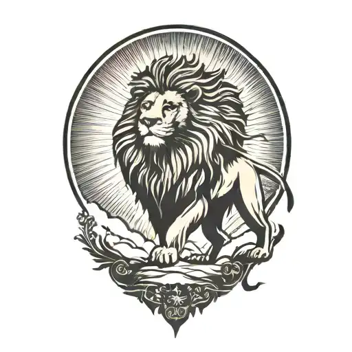 Lion Silhouette Walking Along Horizon In The Background With Sun In Sky