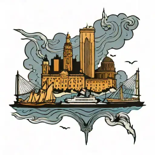A Traditional Tattoo Of A Portsmouth Skyline With A Music Staff Weaving Through The Buildings