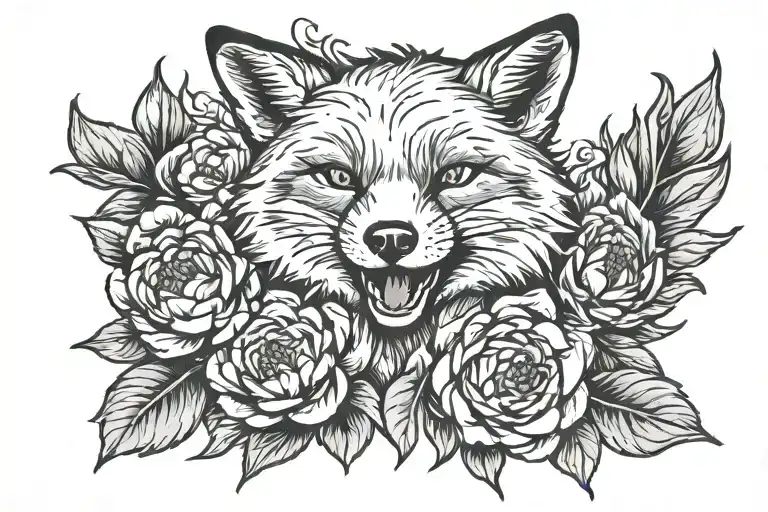 Laughing Fox In Peonies In Old School Style Portrait
