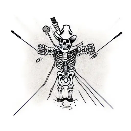 Skeleton Cowboy With Arrows Through Chest And Fire At Feet