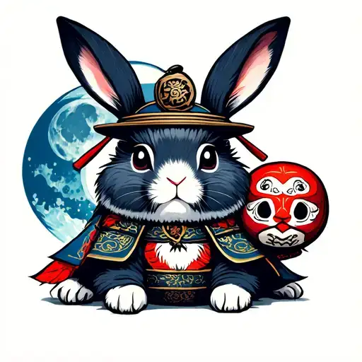 Japanese Samurai Rabbit With Daruma And Blue Moon
