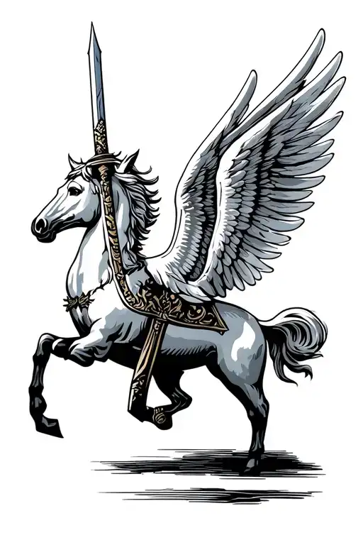 Pegasus Facing Left With Spread Wings Holding A Sword With Front Legs