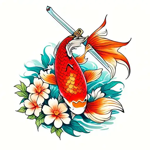 Koi With Sword And Flowers