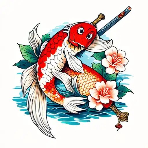 Koi With Sword And Flowers