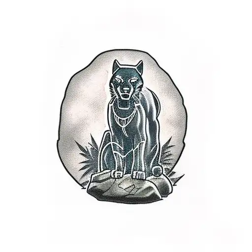 Black Panther Sitting On A Rock During A Sunset With Palm Trees