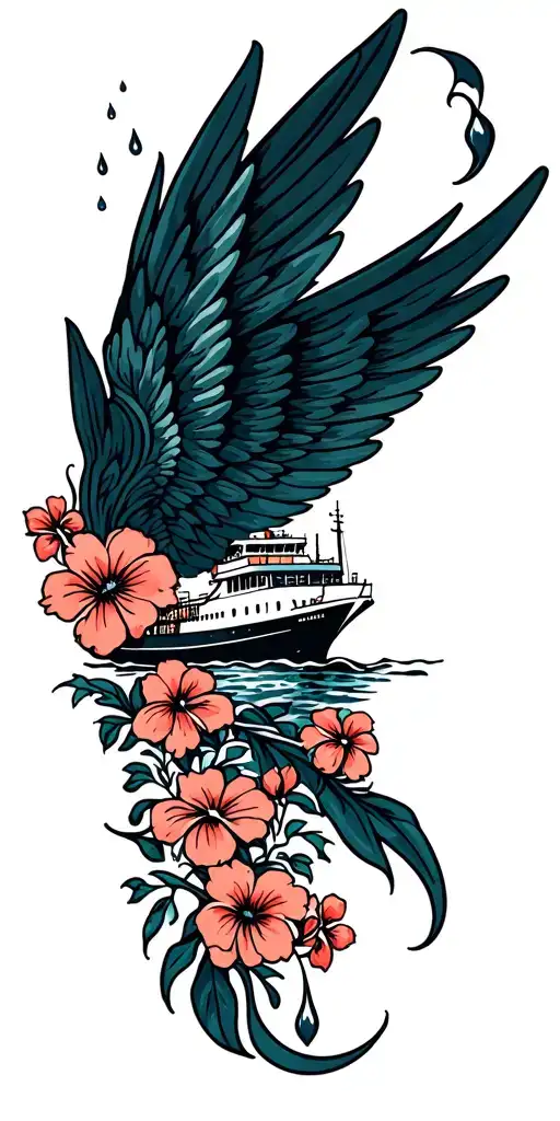 Floral Pattern With Wingged Ferry Surrounded My Rain