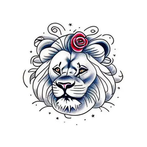 Lion With A Rose A Sword Clouds And Birds