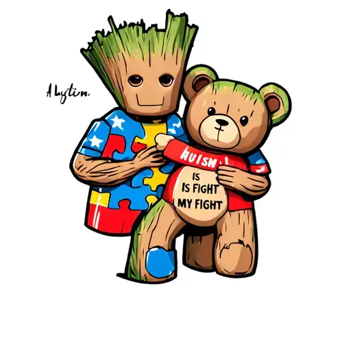 Autism Awareness Puzzle Pieces Groot Holding Teddy Bear With Words Saying His Fight Is My Fight