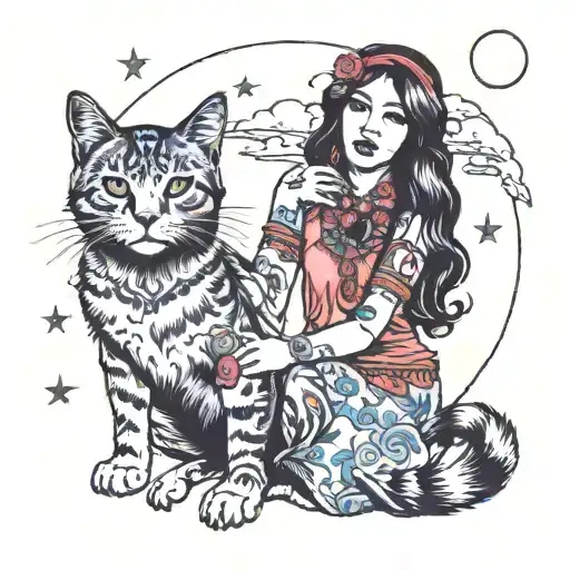 Hippie With Cat And Moon