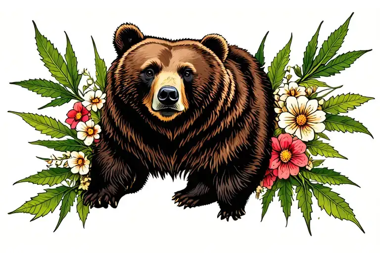 Bear And Weed Leaves With Flowers Blooming