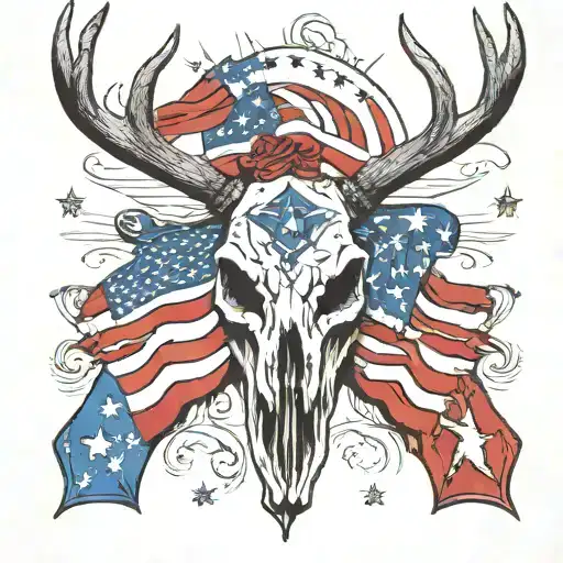 Deer Skull And Amerifcan Flag Intertwined