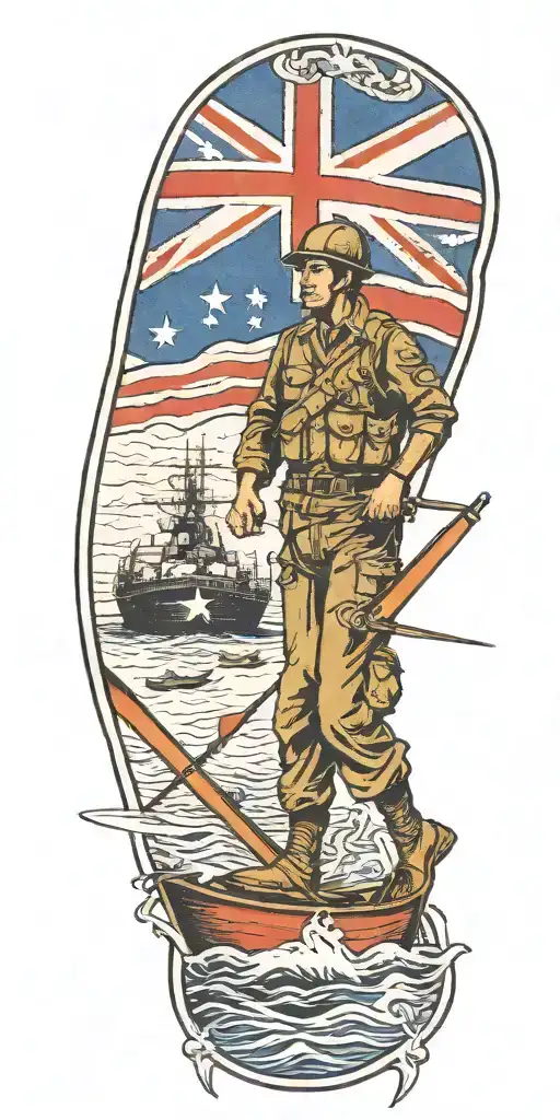 War Soldier With Australian Flag And Boats And Planes
