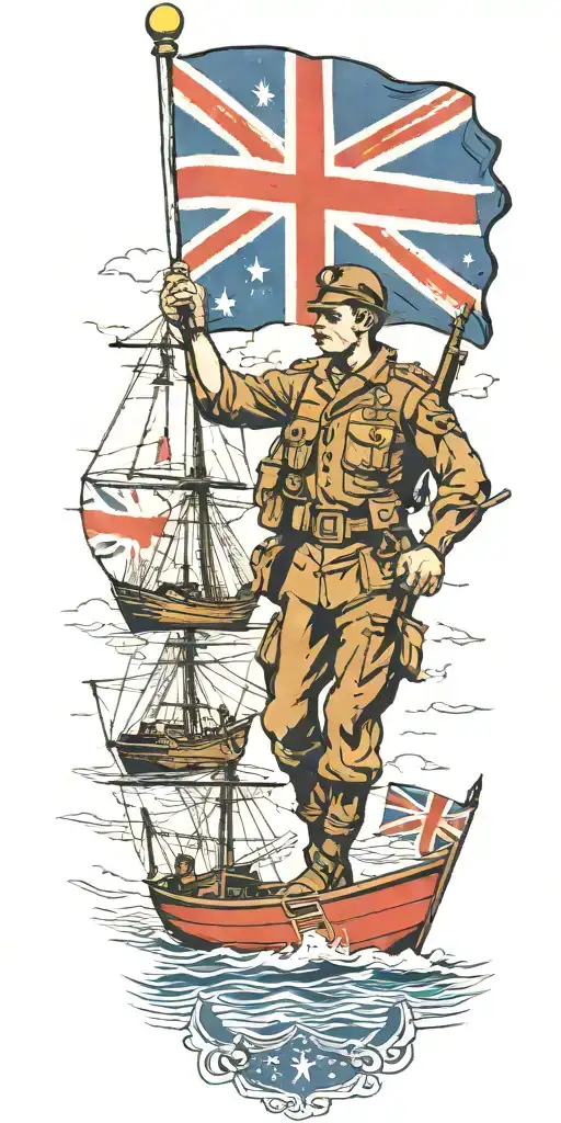 War Soldier With Australian Flag And Boats And Planes