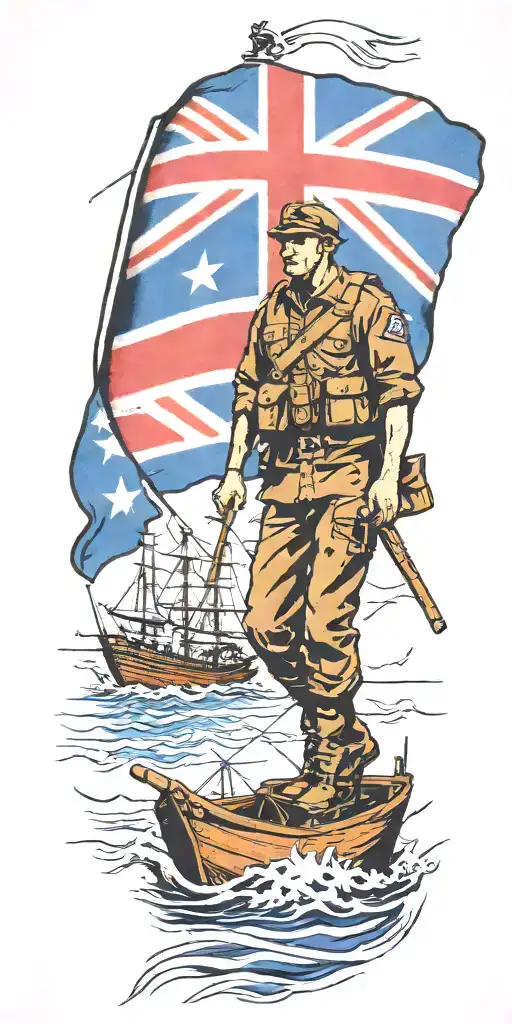 War Soldier With Australian Flag And Boats And Planes