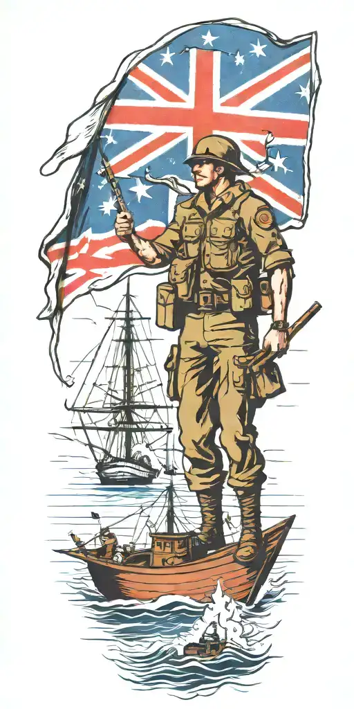 War Soldier With Australian Flag And Boats And Planes
