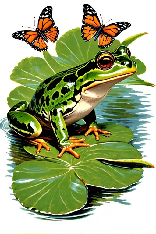 Frog On A Lily Pad With Butterflies