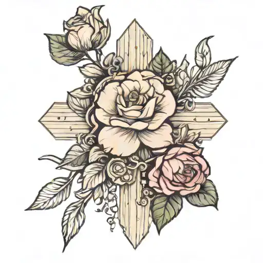 Wood Cross With 6 Camellia Flowers And One Rose And One Turkey Feather