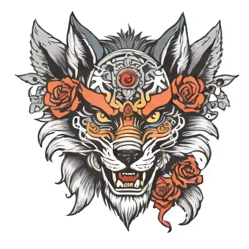 A Neotraditional Design Of A Wolf Wearing Theatre Masks