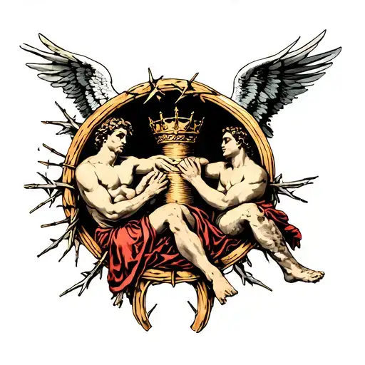 Arc Angel Michael And Arc Angel Raphael Surrounding Knee And Crown Of Thorns On Knee Cap