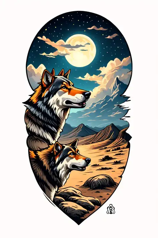 Wolves Night Sky Filled Desert Landscape