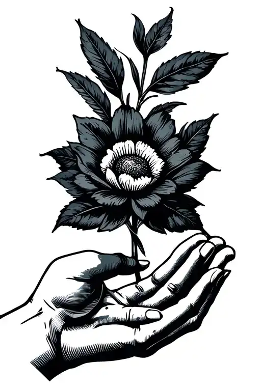Hands Holding Flower Large Black Leaves