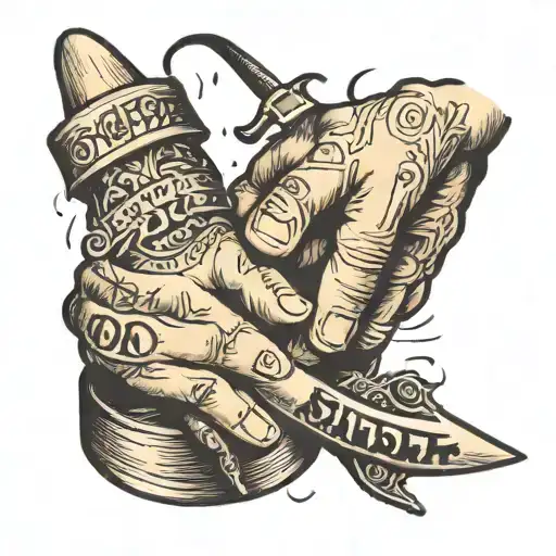 Hands Shaking With Knife Through Them And Lettering Above And Below