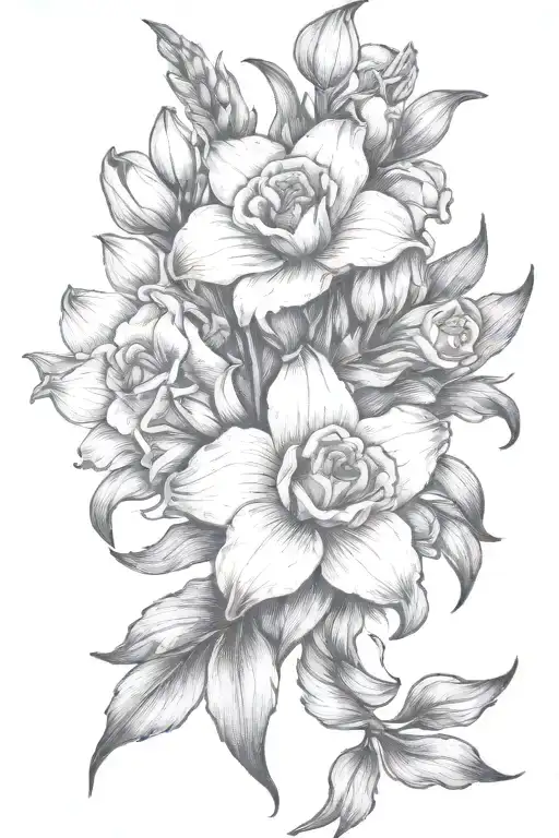 Gladiolous Flowers Grouped With Daffodil And Red Rose