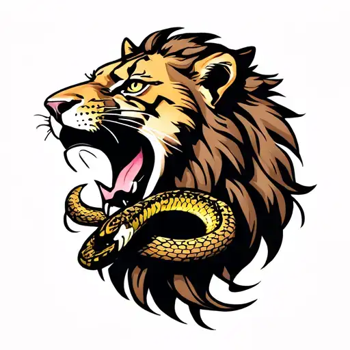 Lion In Panther Stance With Snake Inside Mouth