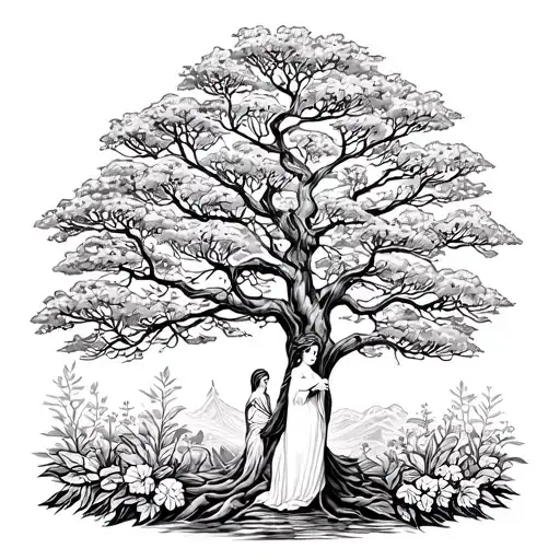 Black And White Tree With Gaia Standing In Front