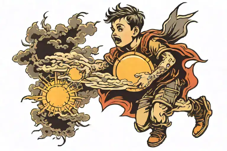 A Boy Pushes Dark Clouds Aside And A Bright Sun Appears