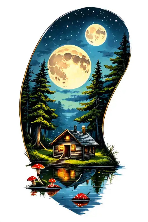 Moonlit Forest Scene Featuring A Cabin On A Pond Surrounded By Mushrooms