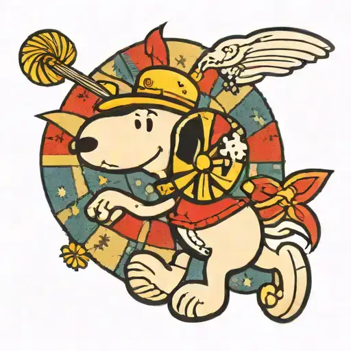 A Traditional Style Tattoo Of Snoopy Holding A Pinwheel