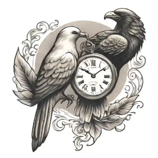 Dove And Raven Holding A Pocket Watch