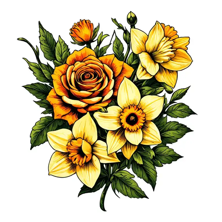 Daffodil And Marigold And Rose Intertwined