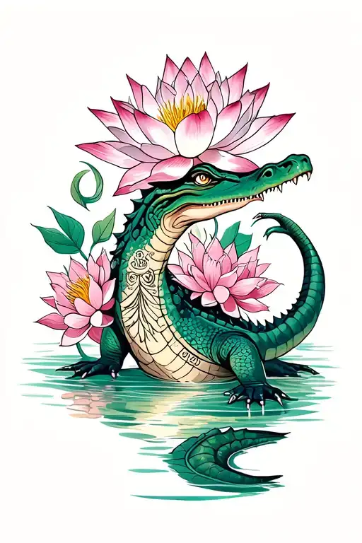 Crocodile With Tattoos And Flowers Blooming Lotus Flower