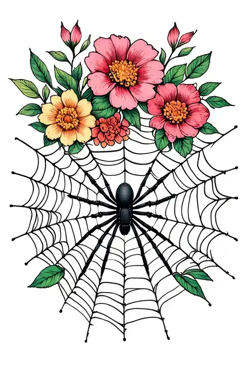 Spider Web Surrounded By Flowers