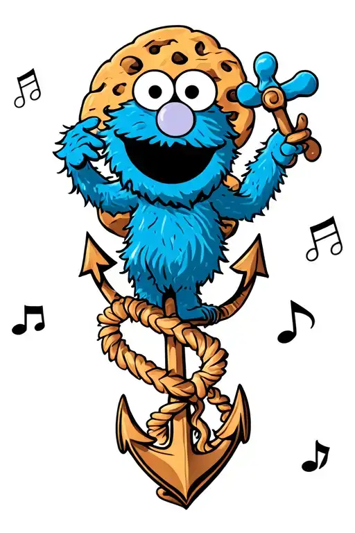 Cookie Monster With An Anchor Surrounded Bij Musicnotes