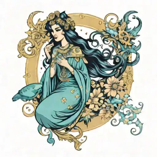 A Majestic Avalon Priestess Surrounded By Mystical Pisces Symbols And Flowers