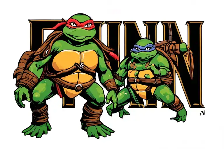Tattoo Design Of Ninja Turtles With Each Turtle In Separate Letter Spelling Out Finn