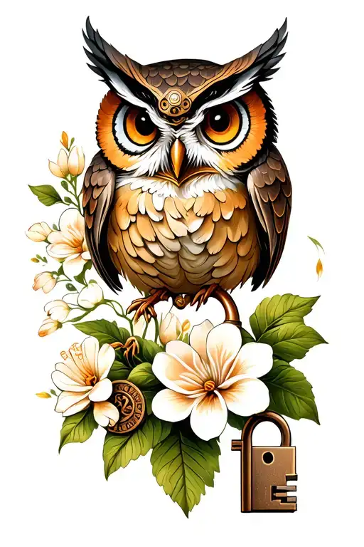 Steampunk Owl Lock And Key Gardenias Blooming Flowers