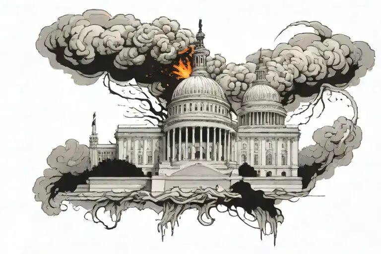 Us Capital Building Abandoned Starting To Crumble With Fire And Smoke Coming Out Of It