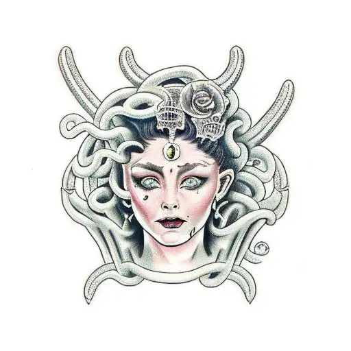 Medusa With 3 Teardrops On Her Face As She Looks Slightly To The Side