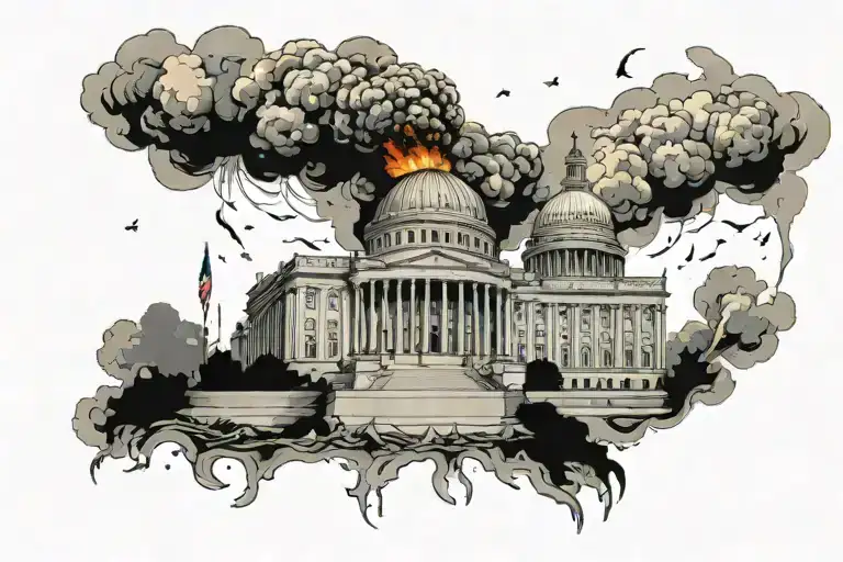 Us Capital Building Abandoned Starting To Crumble With Fire And Smoke Coming Out Of It