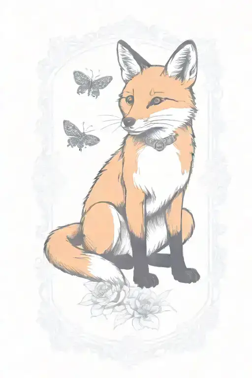 Fox With A Bee On Its Nose In A Boarder With Marigolds And Rubies