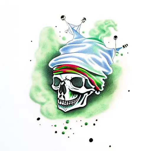 A Skull Wearing A Colorful Jester Hat With Green Smoke
