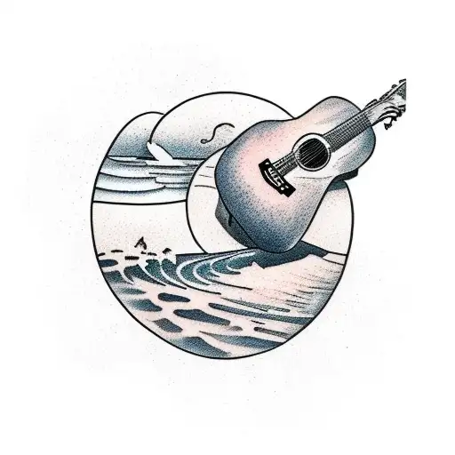 A Serene Beach Landscape With Jack Johnson Playing Guitar In The Foreground